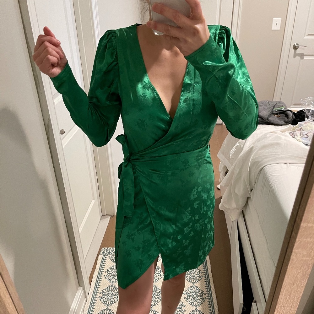 Zara Emerald Green Satin Wrap Mini Dress